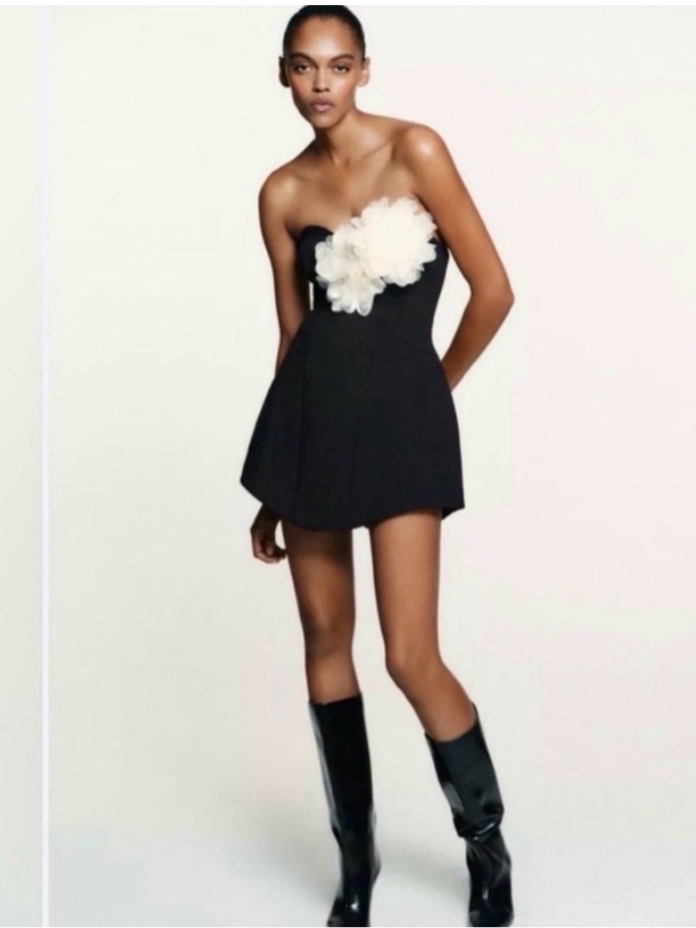 Fun Zara Black Strapless Mini Dress with Cream Floral Applique video included